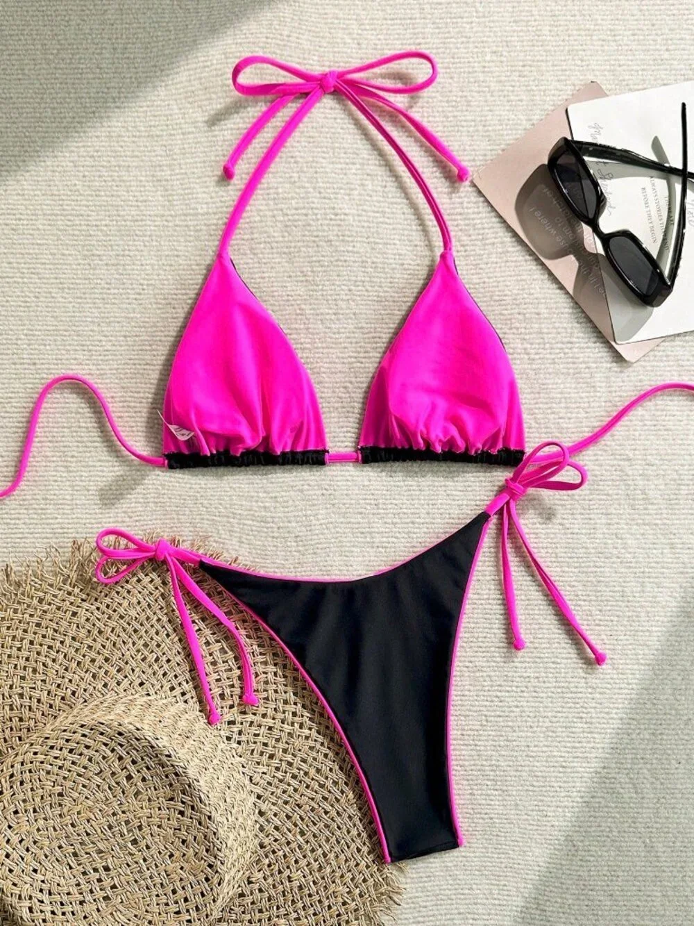 Black pink Brocade Sexy Women's Leopard Print Spaghetti Strap Tie Bikini Set